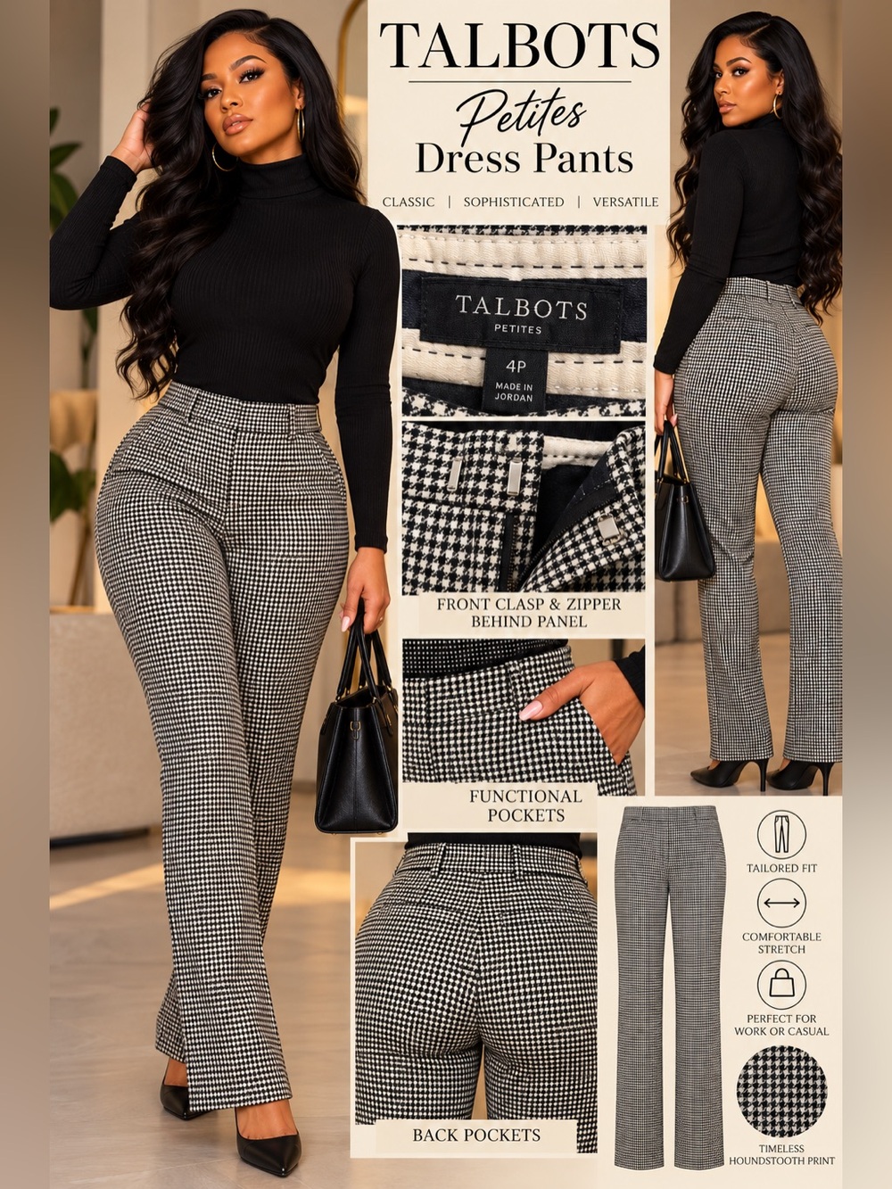 Talbots Women's Black & White Houndstooth Dress Pants - 4 Petite